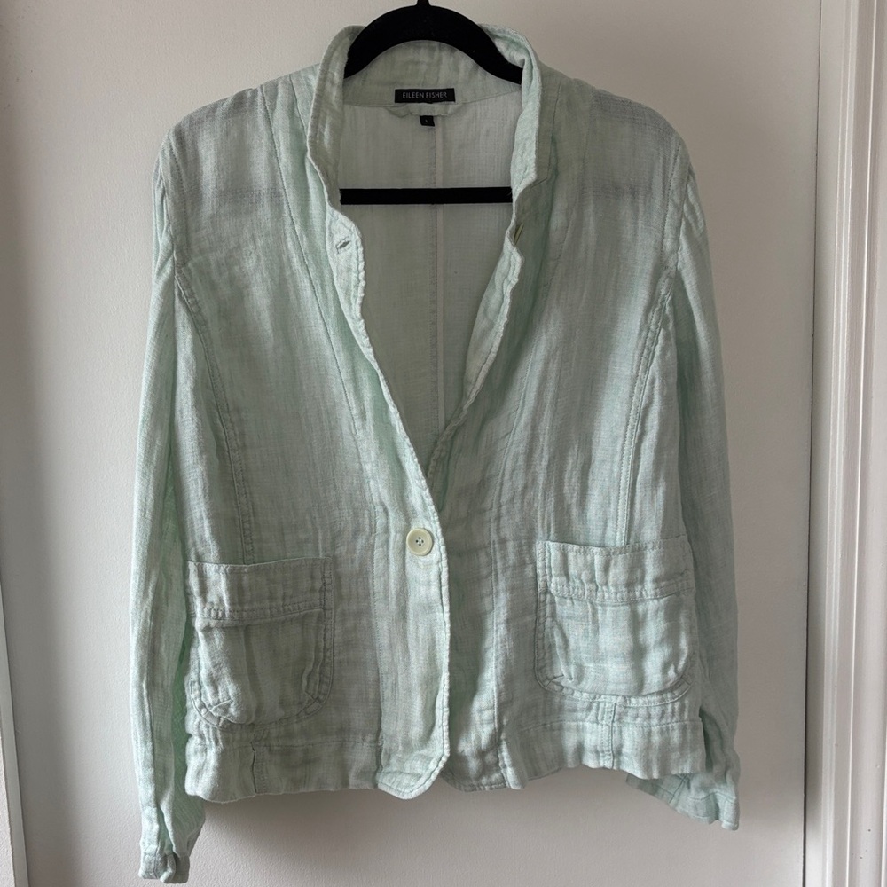 Eileen Fisher Linen Convert Collar Mint Blazer L